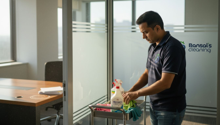 Supervisor prepares cleaning cart in office