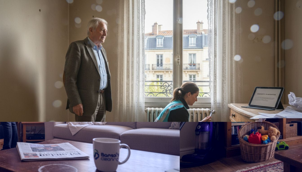 Woman cleaning cluttered Essex living room