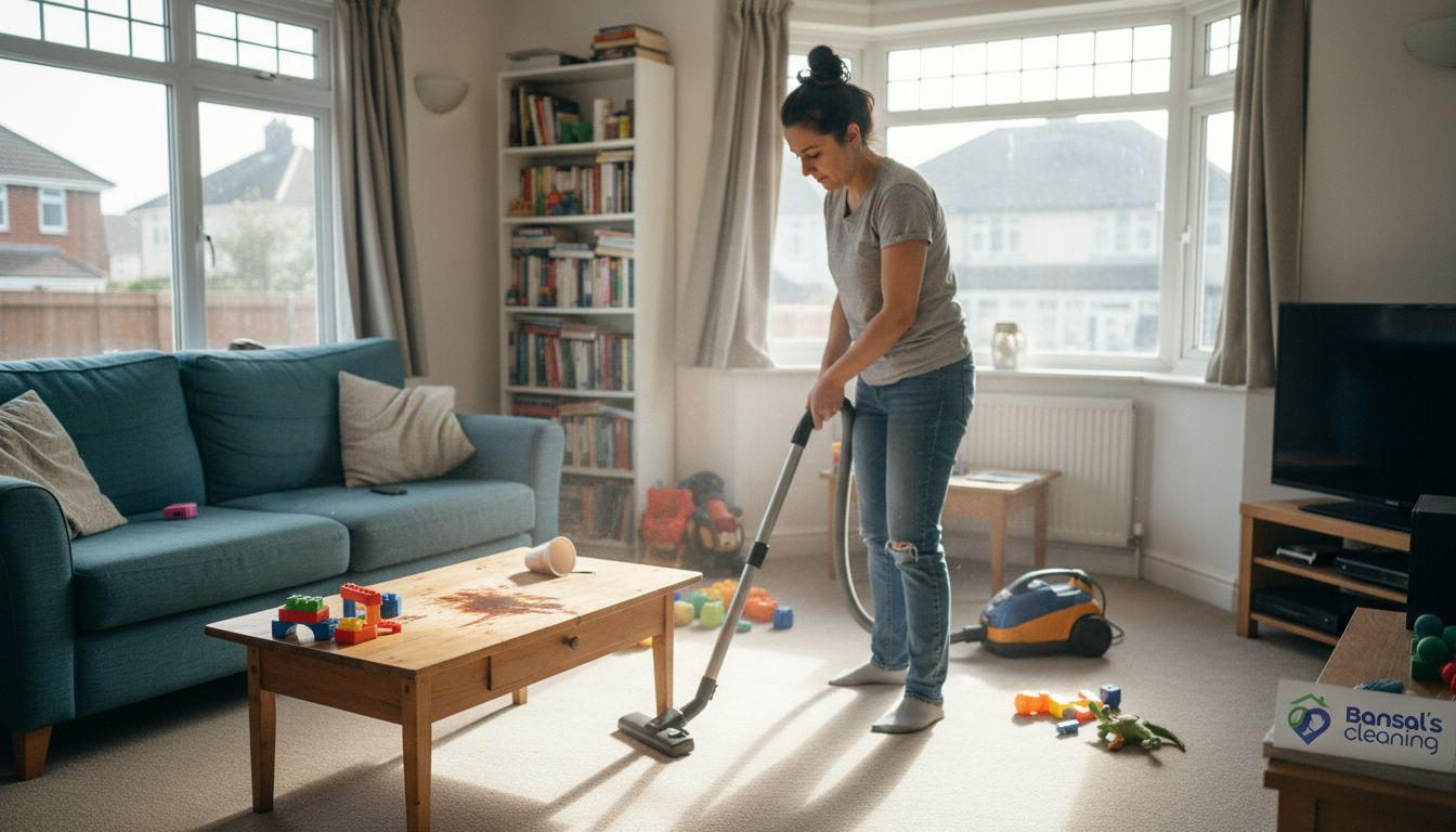 Woman cleaning Essex home living room
