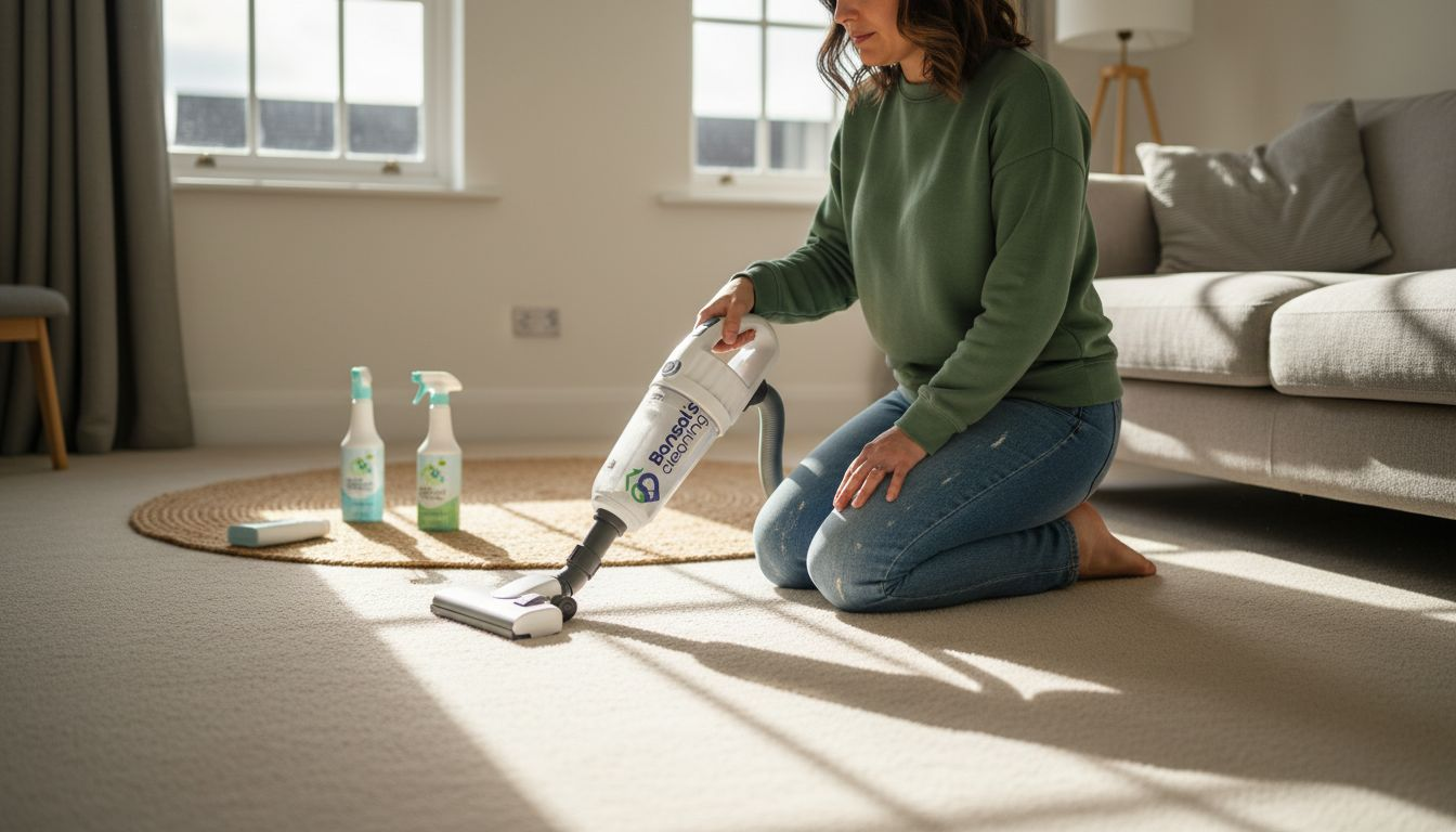 Woman vacuuming carpet with eco-friendly tools