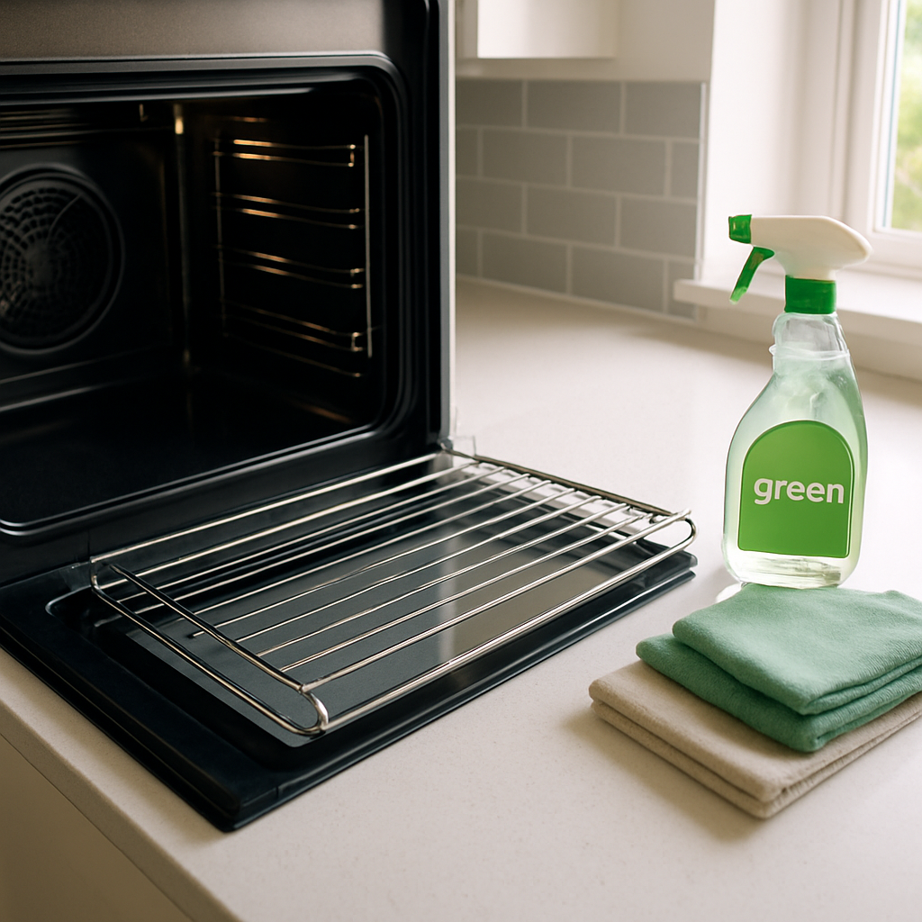 Deep-cleaning a stainless steel oven interior with an eco-friendly degreaser during an end-of-tenancy clean in a Basildon kitchen